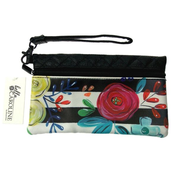 Brownlow Black Wristlet Bella Caroline Rose Flowers Stripes Blocks RFID Zippered - Picture 1 of 2